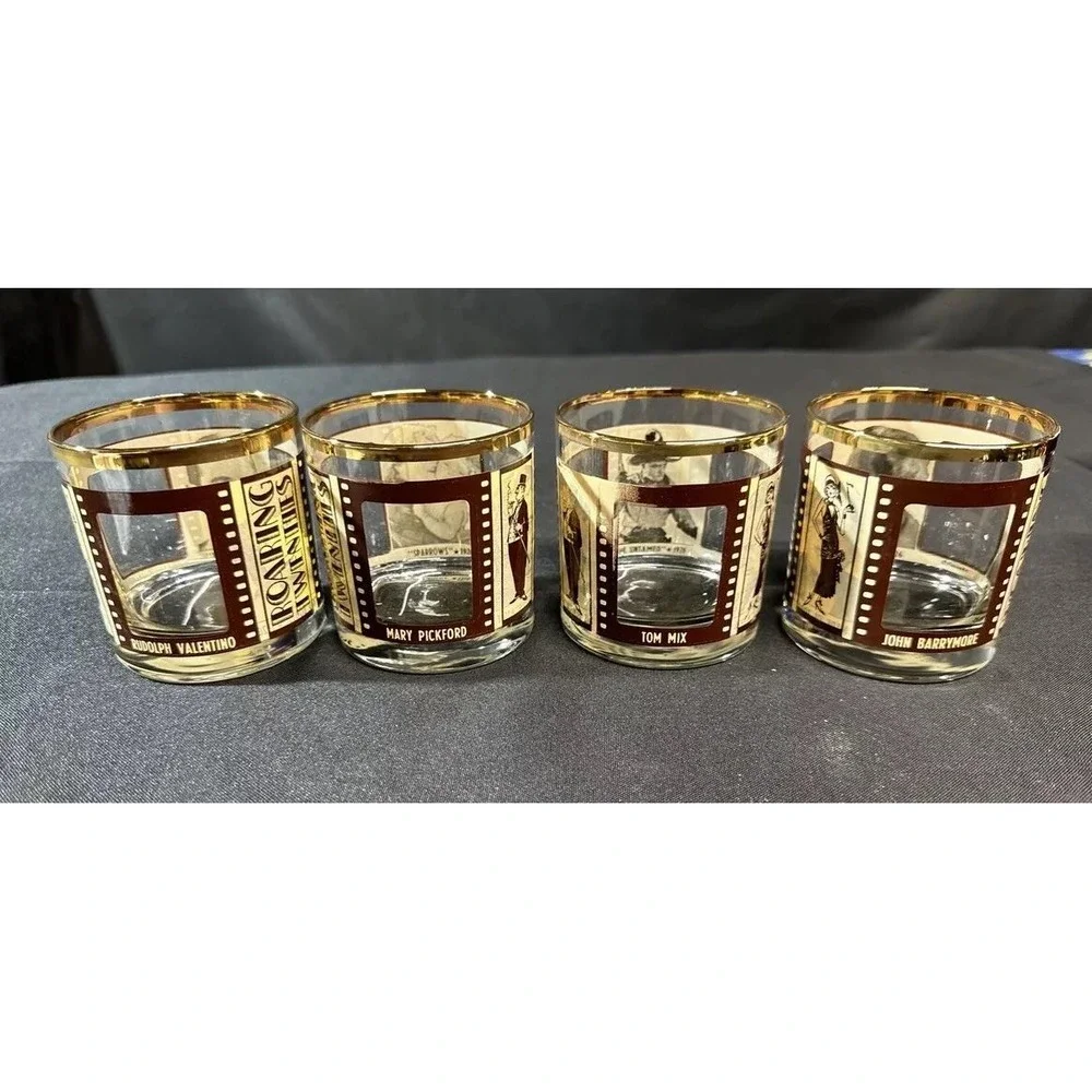 VTG HouzeArt Whiskey Glasses Silent Movie Roaring 20's Actors Barware Set Of 4